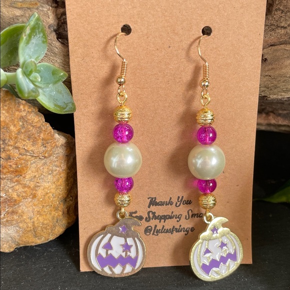 Gold Pink And Purple Pumpkin Dangle Earrings - Picture 3 of 8